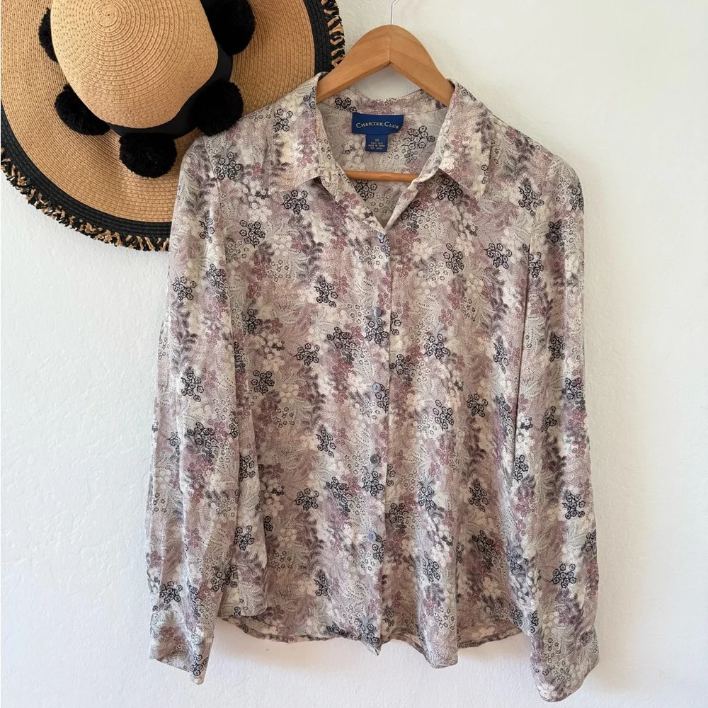 Vintage Charter Club Silk Floral Button Down Blouse Size 10